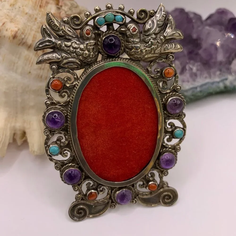 Vintage Mexican Sterling Silver Jeweled Picture Frame Taxco Matl Style J861